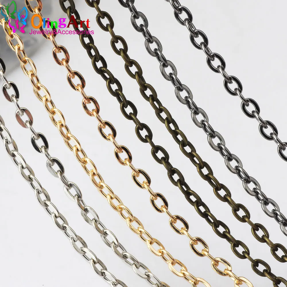 OlingArt 3M/lot 4MM Plated KC Gold/Rhodium/Gun black/bronze Color flat Oval Shape Cross Link Chains DIY Necklaces Jewelry making