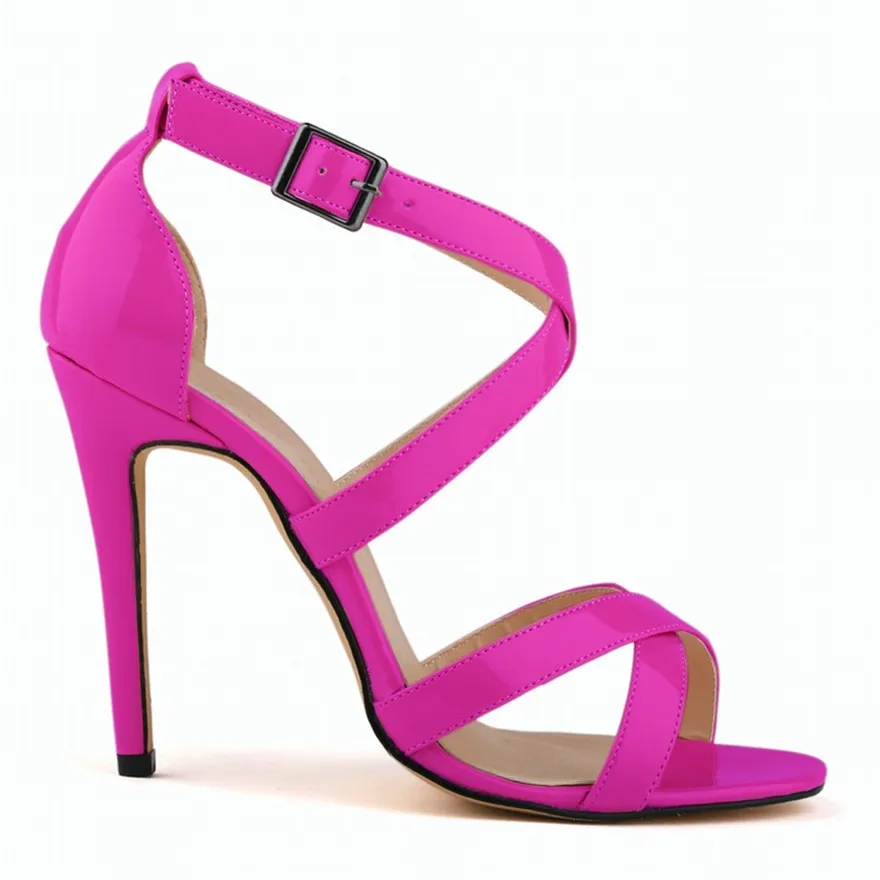 New Summer Women\'s Concise Solid Patent Leather Rome Sandals Open Toe High Heels Shoes Sexy Cross Buckle Party Sandals for Women