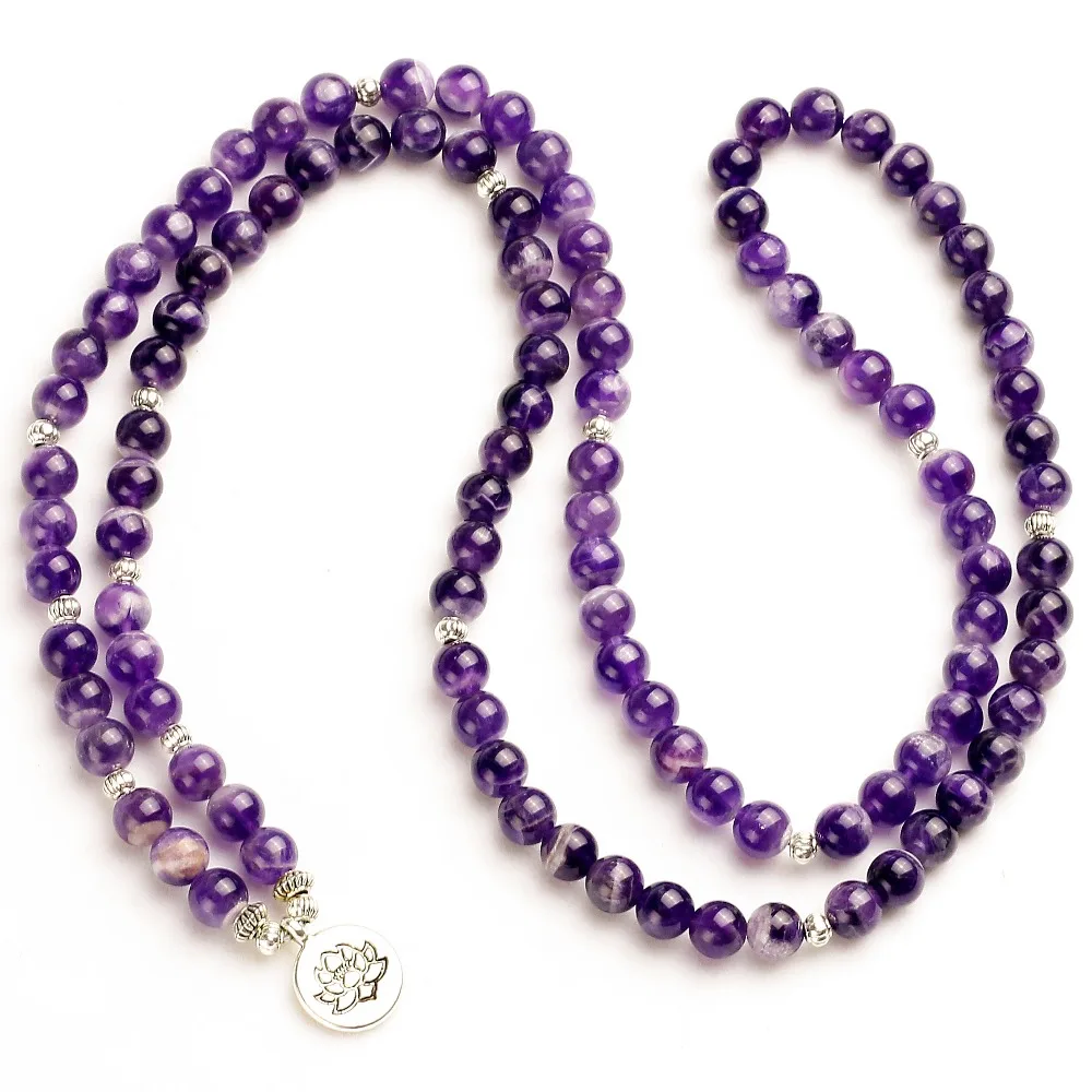 Woman Mala Unisex Bracelets For Women Natural Purple Quartzs Energy Yoga Mala Lotus 108 Beads Buddha Bracelet Stone Jewelry