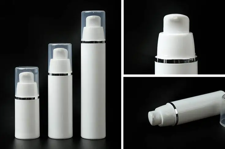 

15ml 30ml 50ml PP Plastic Airless Bottles White Airless Vacuum Pump Lotion Bottle with Silver Line SN377