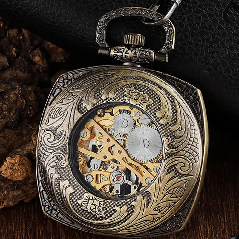 Bronze Steampunk Vintage Mechanical Pocket Watch Chain Necklace Retro Skeleton Fob Watch Hand Winding Men Women Gift