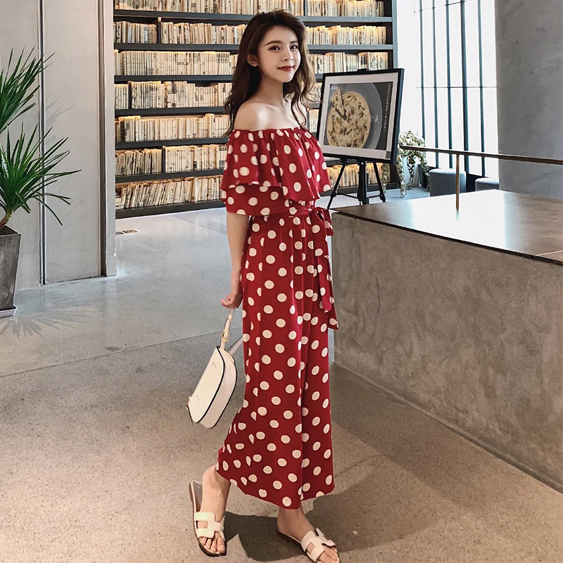 Boho chic Polka Dot kombinezon 2019 Off Shoulder Flunce koreański kombinezony zasznurować szerokie nogawki eleganckie kombinezony dla kobiet 2019 DD2160