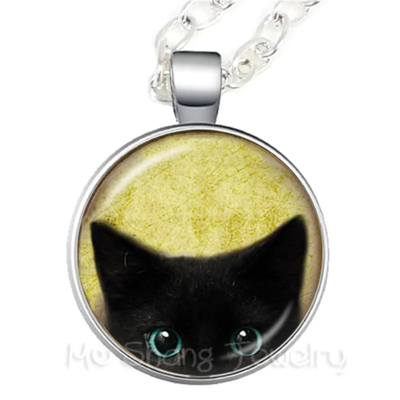 Black Cat Peeping Picture Round Glass Dome Necklace Animal Pattern Series Pendant Cat Lover Gift Handmade Fashion Sweater chain