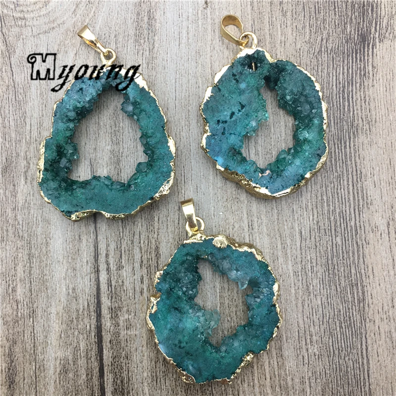 

Freeform Green Crystal Quartz Druzy Geode Slice Pendants, Quartz Druse Slab Pendant For DIY Jewelry MY2036