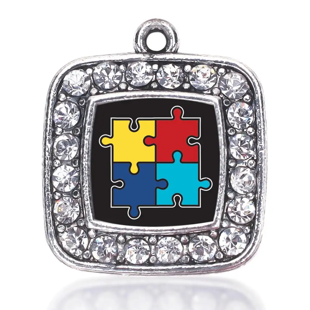 AUTISM AWARENESS JIGSAW SQUARE CHARM ANTIQUE SILVER PLATED CRYSTAL JEWELRY