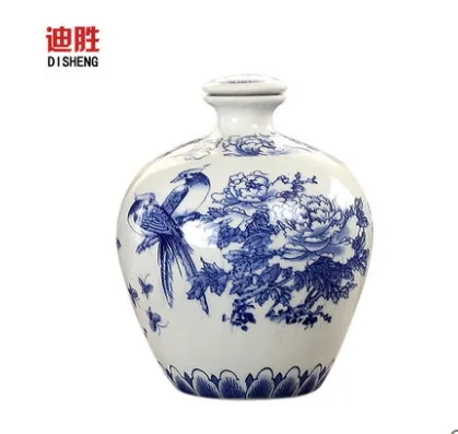 

Blue and white seal pot peony Store it ceramic bottle White wine with five catties medicine wine brewed wine jar