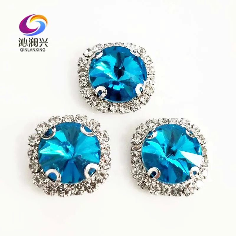 

Round shape top glass crystal rhinestones with hole,Lake blue Silver bottom sew on stone for Diy Clothing accessories SWWK13