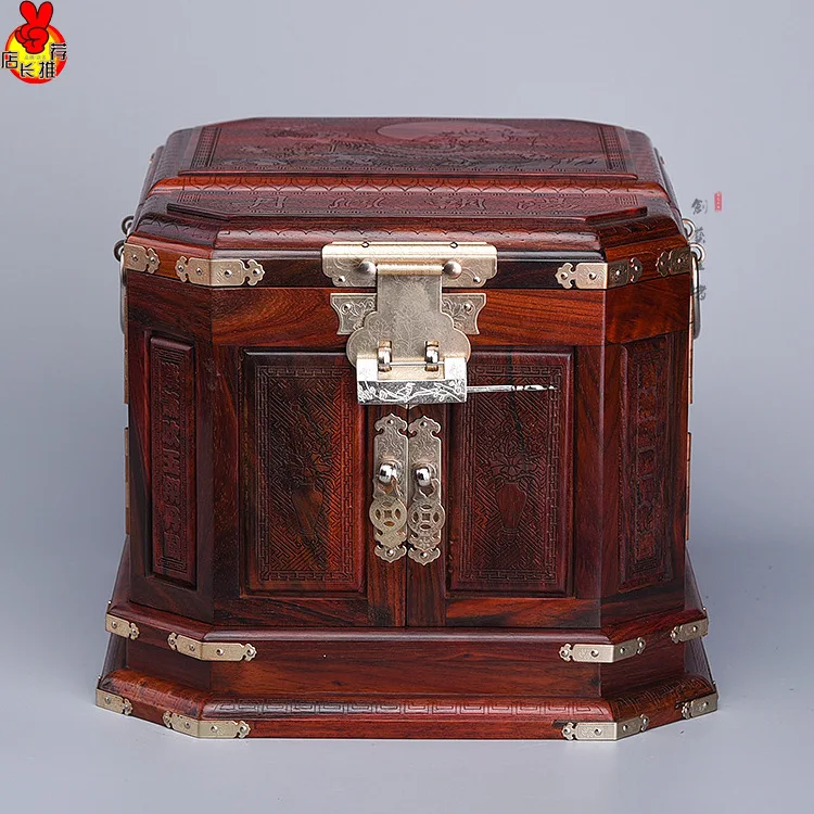 

Rosewood casket carved mahogany furniture Red Phoenix in morning sun mirror box jewelry box Wedding Crafts Factory Direct