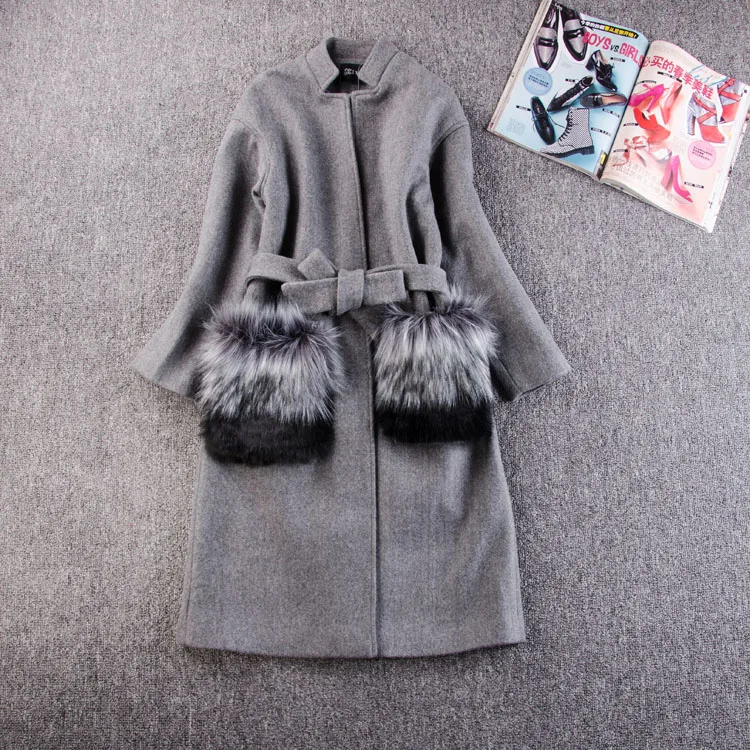 Women Autumn Winter Coats Jackets  Wool Coat Fur Pocekts Long Parka Warm Outwear Spring casaco feminino