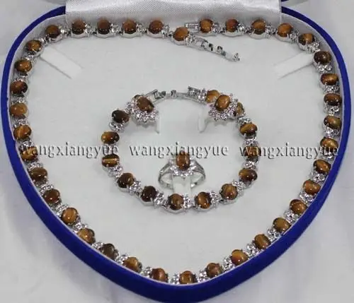 FREE shipping Tiger's Eye Link Bracelet/ Earrings /Ring / Necklace set ,Crystal Healing