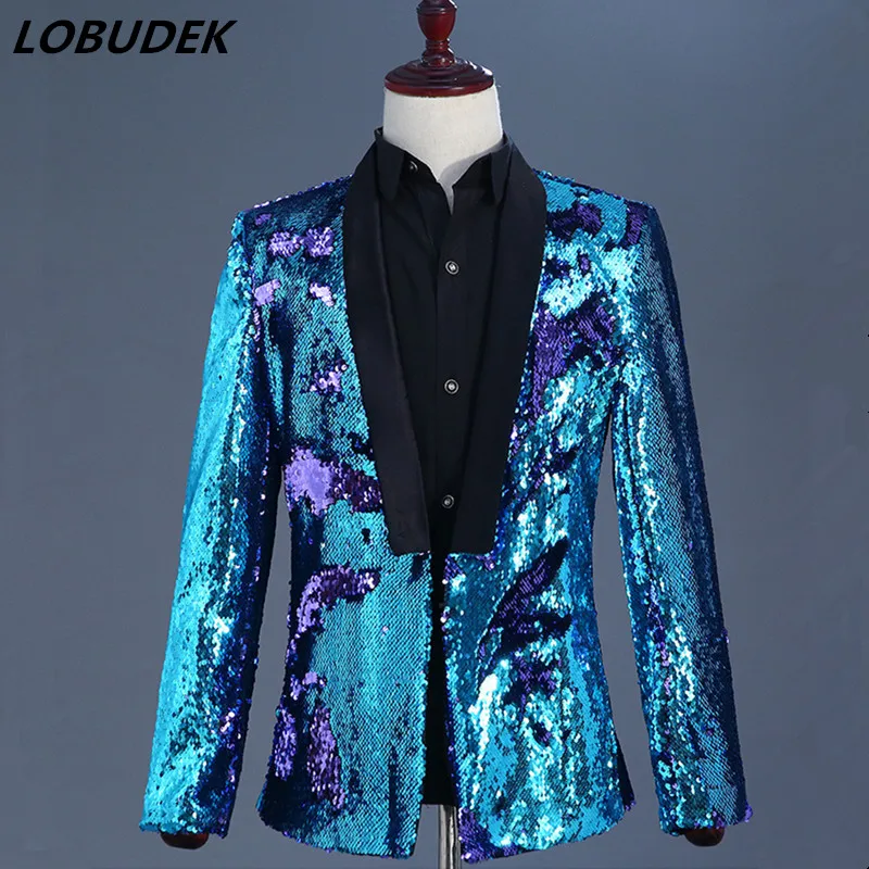 Purple Blue Sequins Men Jackets Blazers Formal Prom Male Singer Host Stage Costume Wedding Groom Master Performance Outerwear