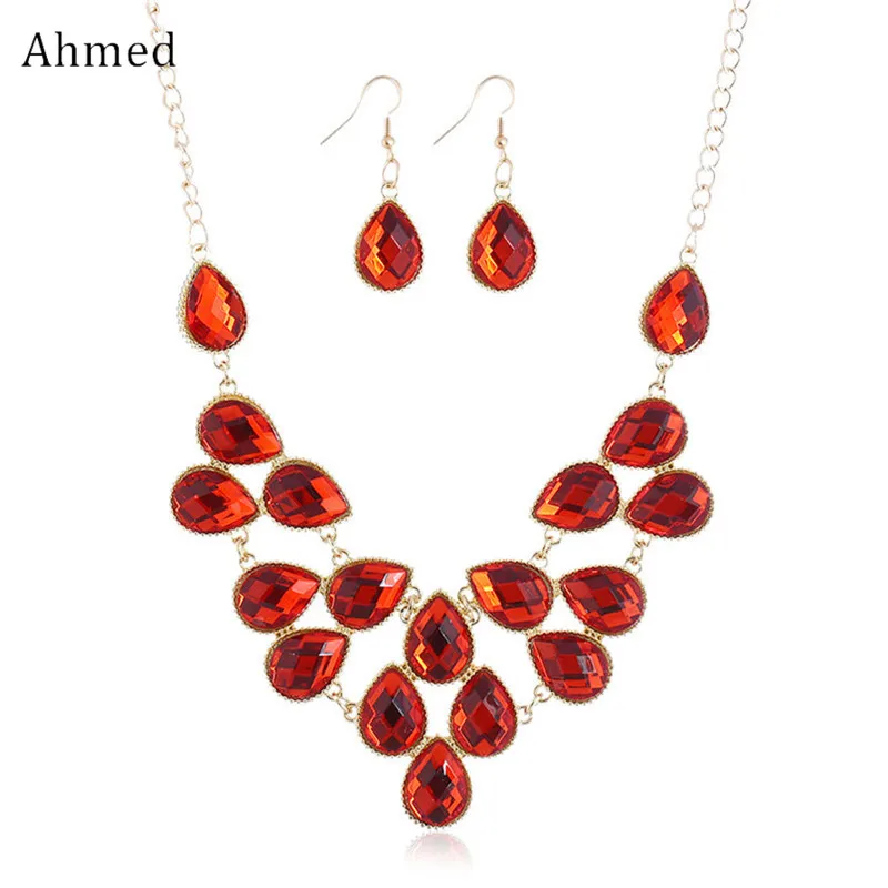 Ahmed Fashion 4 Color Multilayer Crystal Jewelry Set for Women Long Necklace Pendant Rhinestone Earrings Wedding Jewelry Gift