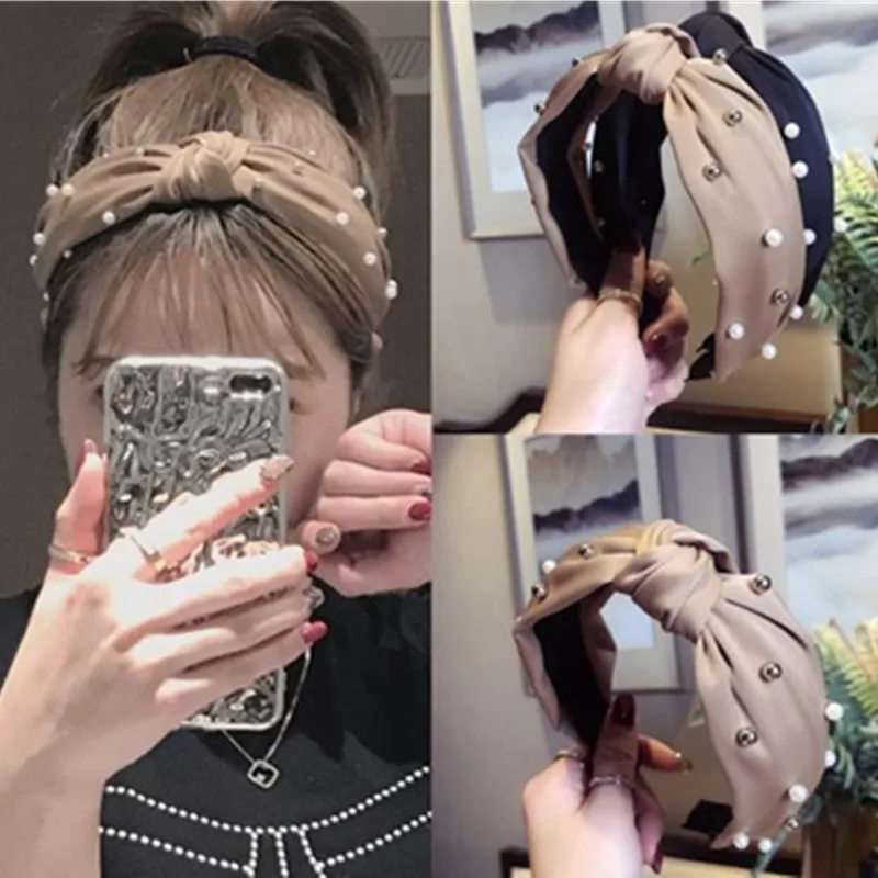 Pearls Hairband Knot Adults Headwear Top Bow Knotted Center Wide Headband Women Hair Accessories Outdoor Headdress Headbands