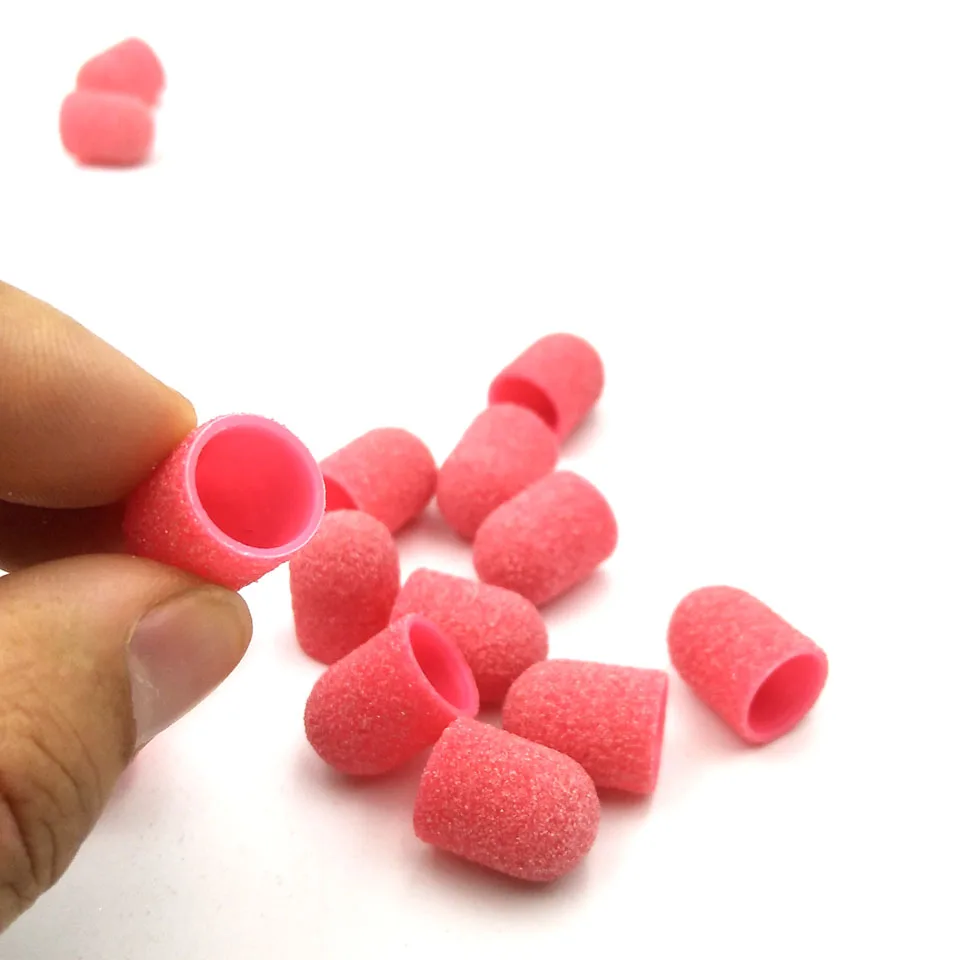 50Pcs 10*15mm Plastic Base Pink Sanding Caps With Grip Pedicure Care Polishing Sand Block Drill Accessories Foot Cuticle Tool