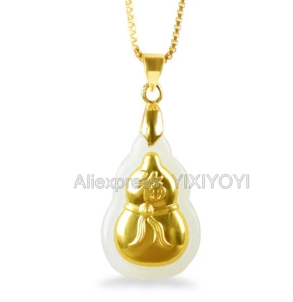 Beautiful Natural White Hetian Jade + 18K Solid Gold Inlaid Chinese Fu Cucurbit Lucky Pendant + free Necklace Fine Jewelry