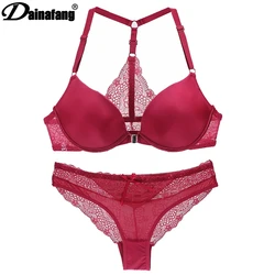 2022 New Sexy Halter Deep V Push Up Bras Set Solid Smooth Bow Decorative Women Underwear AB Cup Girls Lingerie