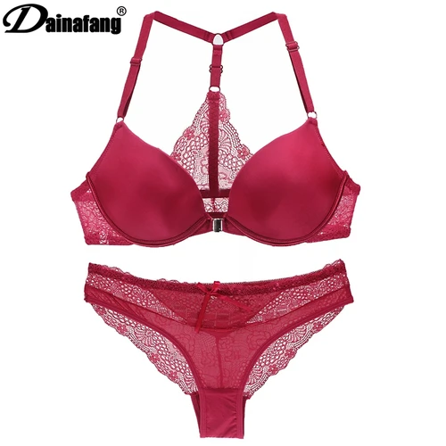 Imagen 1 del producto Conjunto de sujetadores push-up con escote en V profundo para mujer, ropa interior Sexy con lazo liso y liso, lencería decorativa con copa AB, novedad de 2022