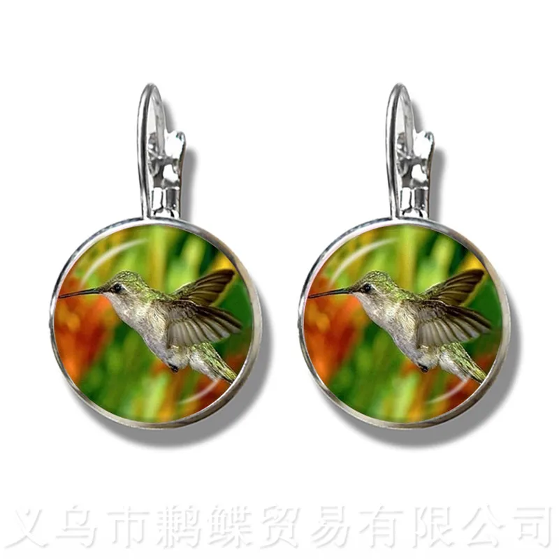 Beautiful Bird Pattern Earrings Vintage Round Glass Bird 16mm Glass Dome Silver Plated Stud Earrings For Women Girls Gift