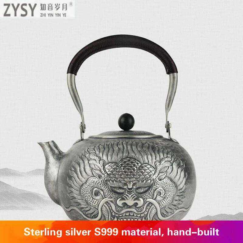 pure silver Kung Fu tea set, manual production pure silver 999 do old burn water kettle mention beam pot, office gift collection