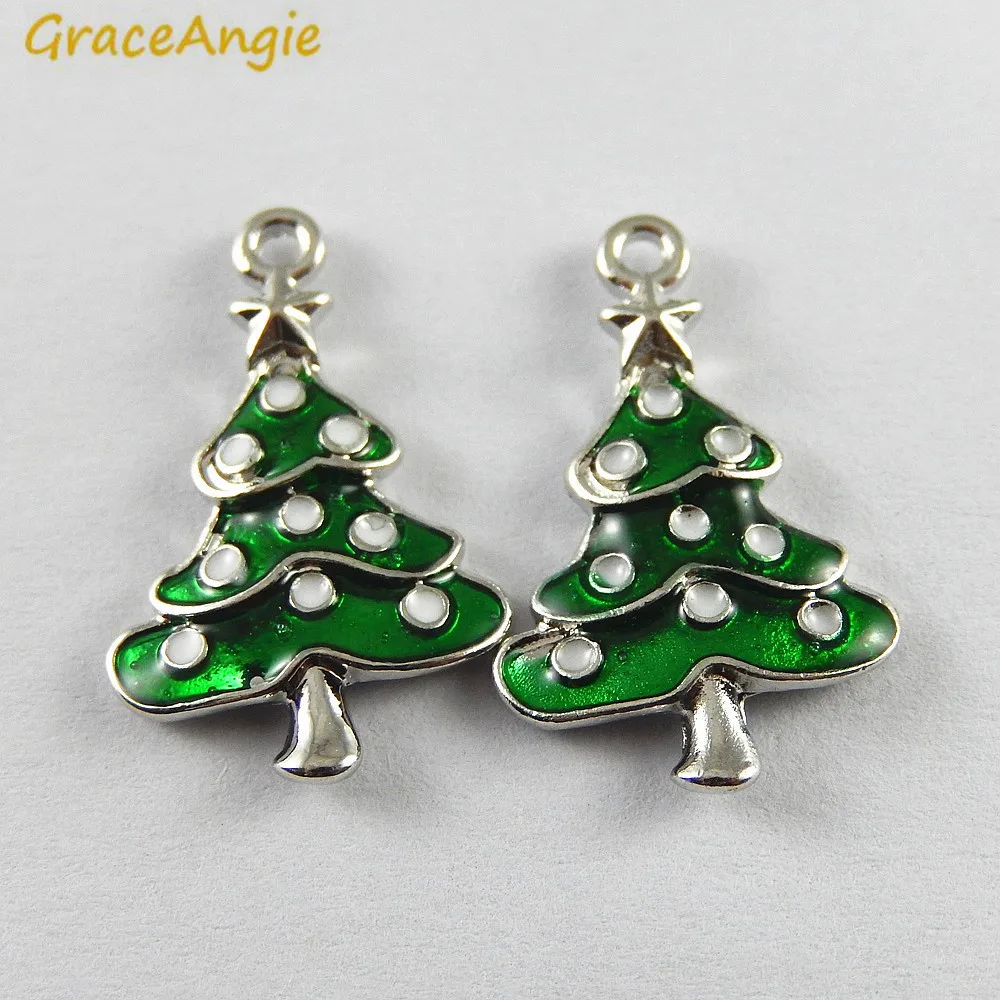 10PCS Green Enamel Small Christmas Tree Charms Wholesale Christmas Deco Handmade Crafts Necklace Pendant Accessory Jewelry