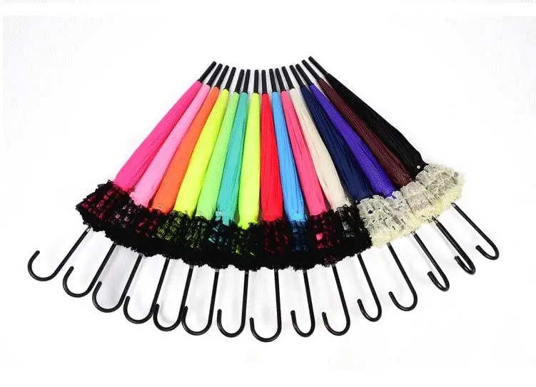 (20 pieces/lot) New elegant long-handle solid color pongee canopy with lace pagoda umbrellas 13 colors available SN945