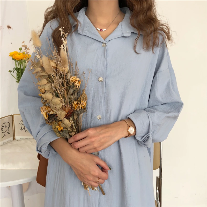 Korean Fashion Women Long Dress 2024 Lady Long Sleeve Cotton Shirt Dress Casual Turn-down Collar Loose Elegant Oversized Dresses