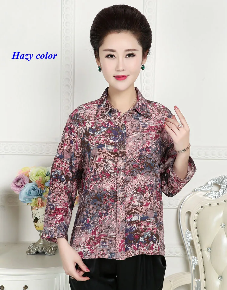 Lady pure silk crepe-de-chine turn-down collar shirt,100% silk nine sleeve print blouse women,with gift mask