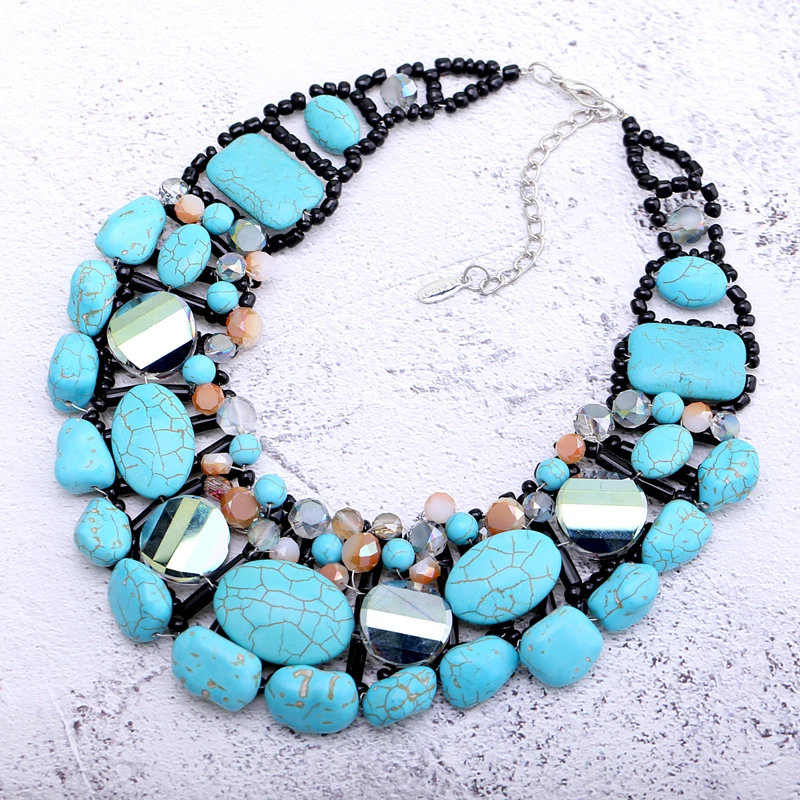 Popular High-end Statement Turquoise Necklace, Fashionable Handmade Crystals Beaded Bib Choker Necklaces for Women Party Jewelry