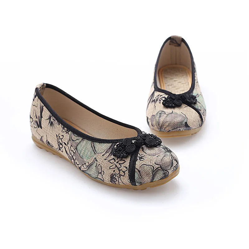 Veowalk Chinese Knot Women Floral Printed Canvas Ballet Flats Retro Ladies Casual Slip-on Ballerinas Comfort Old Beijing Shoes