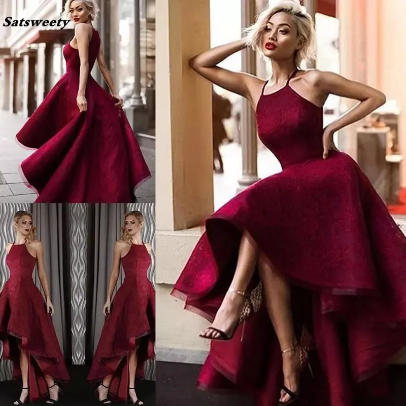 

High Low Halter Lace Backless Prom Dresses Gorgeous Sleeveless Vestidos De Fiesta Arabic Dubai Burgundy Evening Gowns