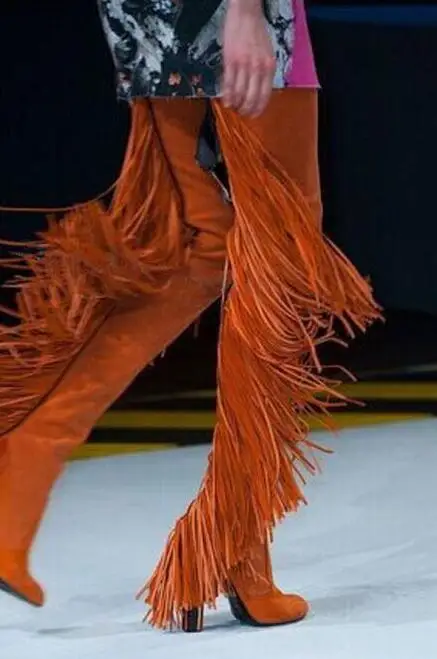 Fashion Orange Suede Leather Women Over The Knee Boots Sexy Fringe Back Ladies Chunky Heel Boots Point Toe Female Knight Boots