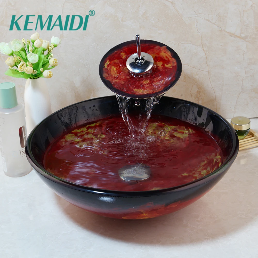 

KEMAIDI European Style Vessel Vanity Hand Painting Finish Basin Sink Countertop Bowl Vessel Tempered Glass Basin Faucet Set