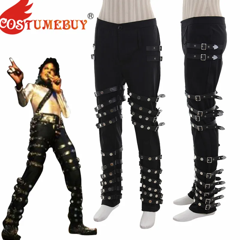 

CostumeBuy For Classic MJ Michael Jackson BAD PUNK Black Silm Fit Show Rock Cosplay Costume Performance Rivet Trousers pants