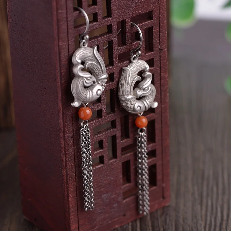 

S925 silver female fashion national wind restoring ancient ways the old silver peacock tassel earrings silver wholesale