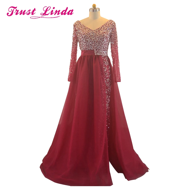 Real Sample New Collection Mother Dresses long Sleeves Handmade Beaded Crystal Burgundy A-Line Prom Dresses Long evening Gowns