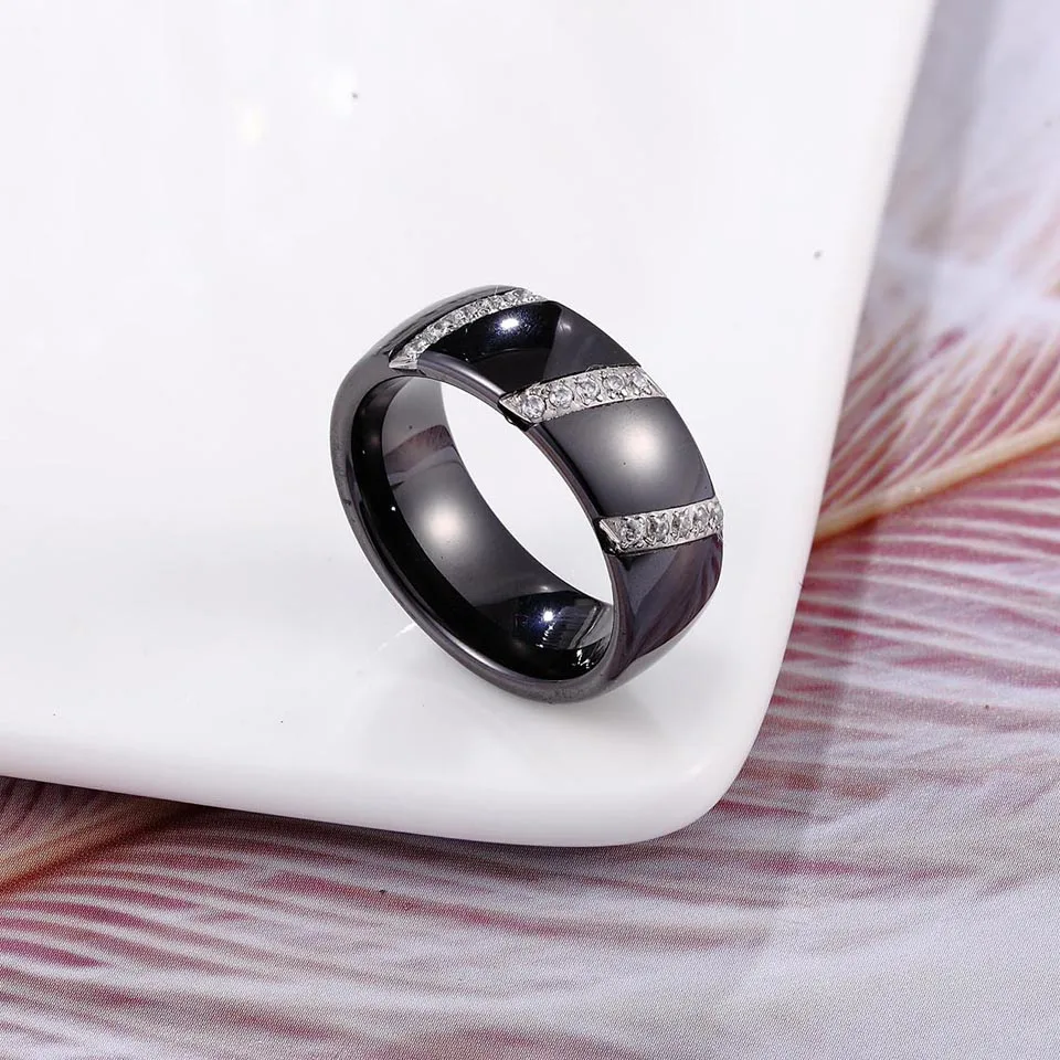 8mm High Quality Black And White Ceramic Simple Style Three Line Crystal Zircon Ceramic Rings For Women Fashion Jewelry Gift