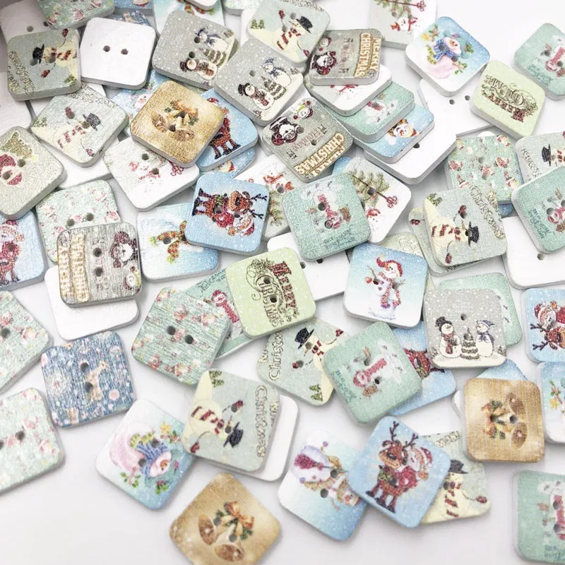 50/100pcs Mixed  Christmas painted Square Wooden Buttons For Sewing Scrapbooking Crafts 15mm 2 Holes WB04