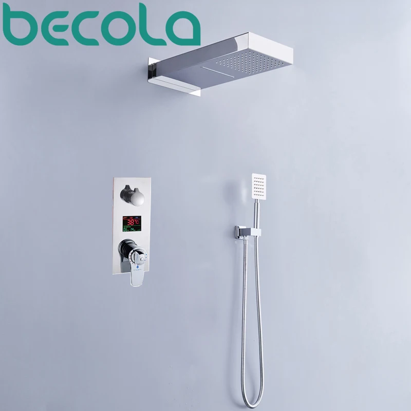 Becola Thermostatic Shower Set LED Temperature Digital Display Shower System Rainfall With Waterfall Shower Head Faucet B-HW1003