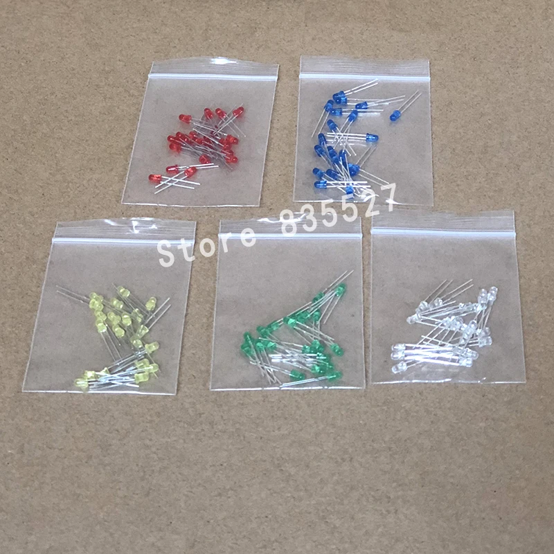 

100pcs/lot 3MM LED in the color Kit Mixed 5 Color : White / emerald Green / Red / Blue / Yellow LED light emitting diode DIP F3