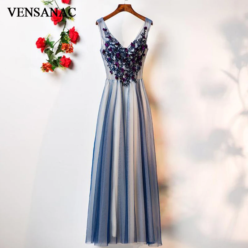 

VENSANAC V Neck Flowers Appliques Long A Line Evening Dresses 2018 Elegant Lace Embroidery Tulle Party Prom Gowns