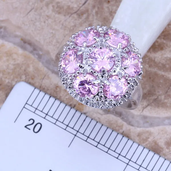 Gallant Pink Cubic Zirconia Silver Plated Jewelry Sets Earrings Pendant Ring Size 6 / 7 / 8 / 9 / 10 S0024