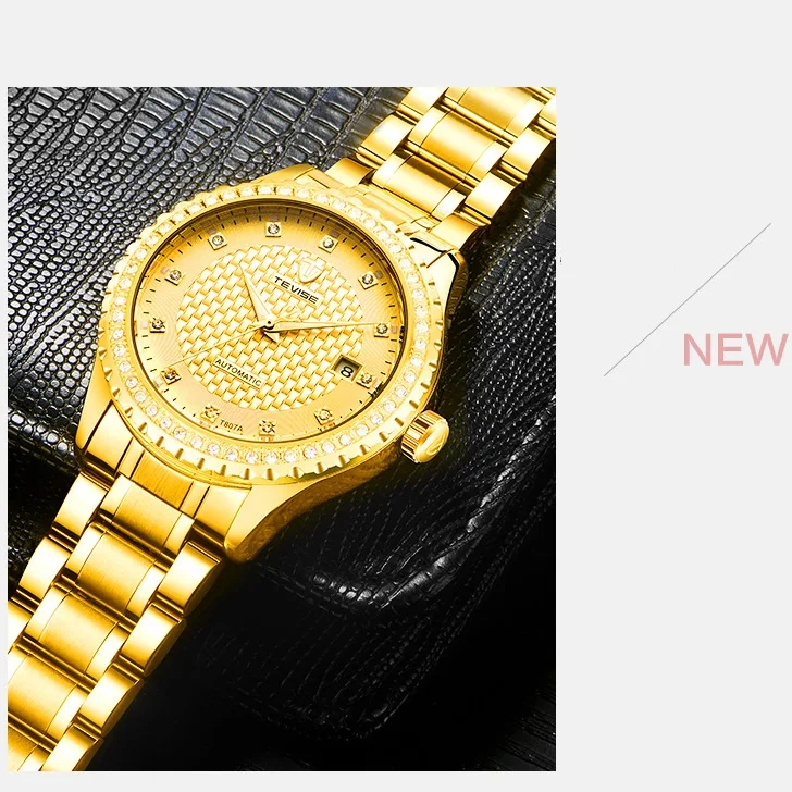 TEVISE Full Gold Clock Men Automatic Watch Luminous Stainless Steel Watchband Date Luxury Men Watch Fashion New 2024