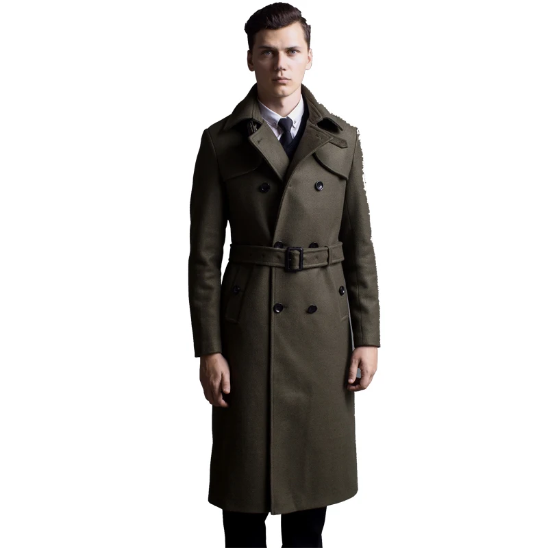 2023 CHAOJUE Extra Long Woolen Coat Male British Double-breasted Trenchcoat Mens Slim Fit Classic Army Green Warm Pea Coat