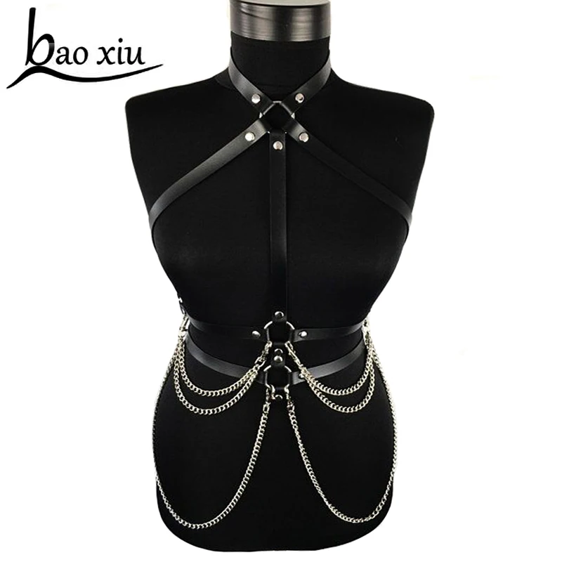 

New Sexy Women suspenders leather belt harajuku gothic lingerie Adjustable bondage holographic metal chain tassel harness chest