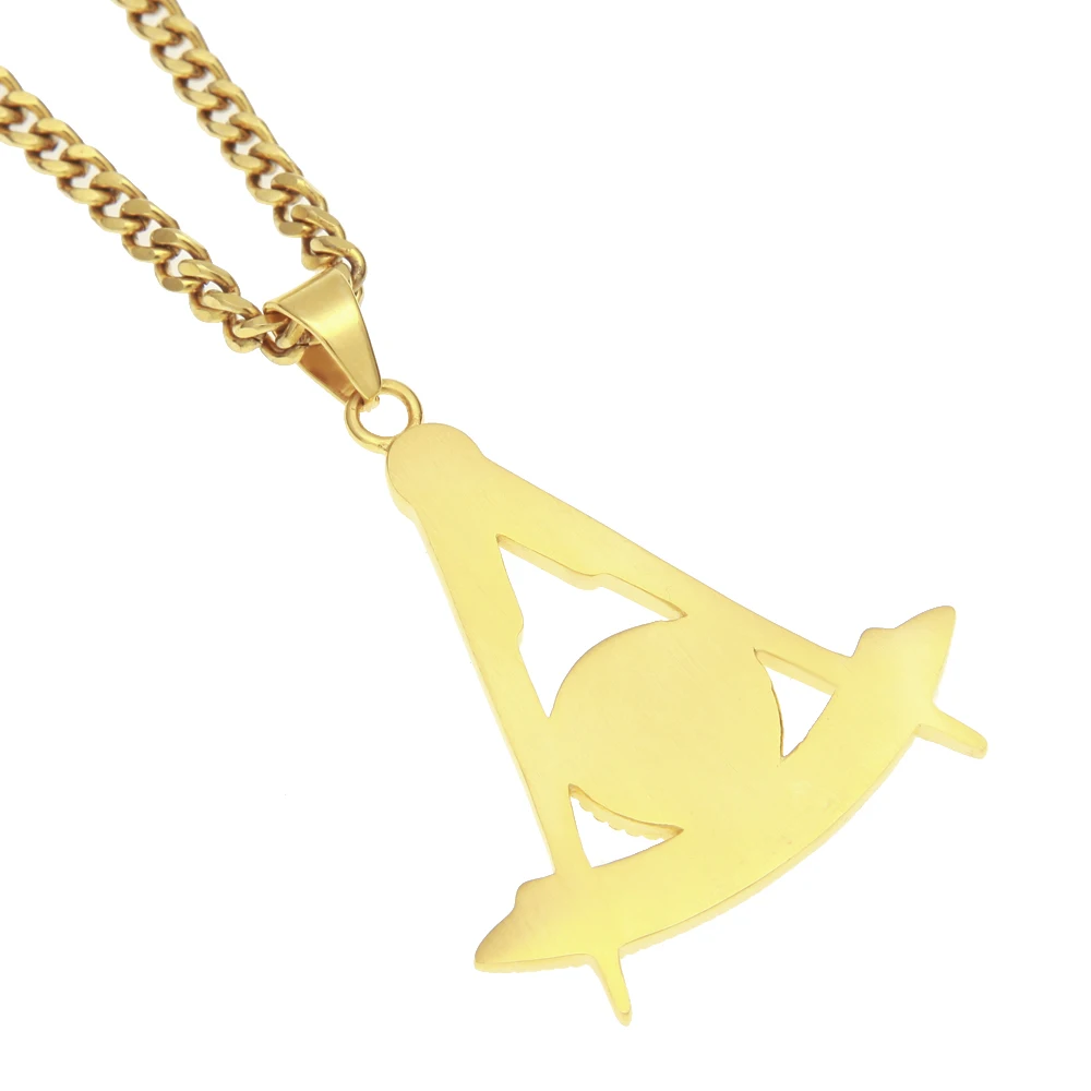 Stainless Steel Mens Gold Plated Past Master with Sun Masonic Pendant Necklace With 5mm 70cm Cuban Chain Regalia Freemas Jewelry