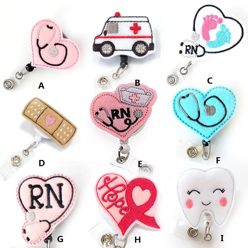 20pcs/lot 9kinds Cheap Felt handmade knitting new design Stethoscope medical RN nurse Retractable id badge holder reel clip