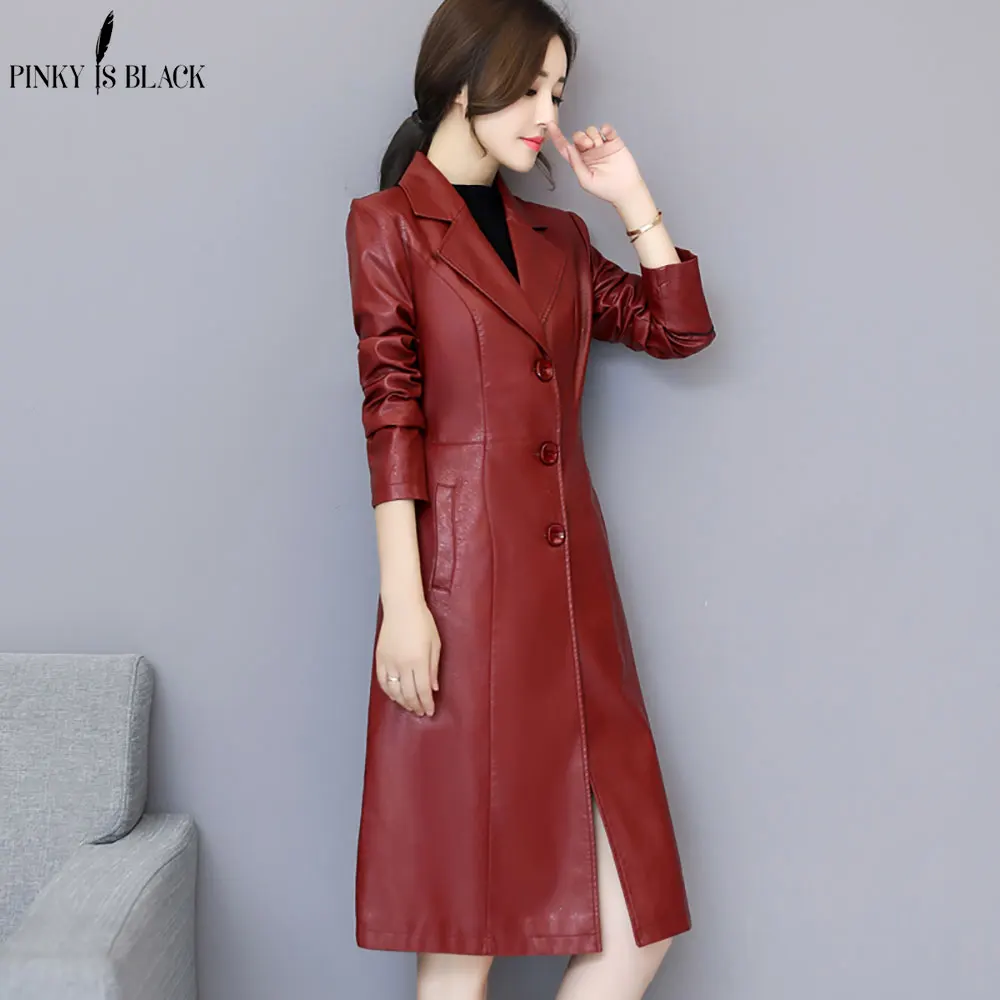 Pinkyisblack 2022 nova primavera outono inverno jaqueta de couro das mulheres casaco de couro médio longo motocicleta trench coat