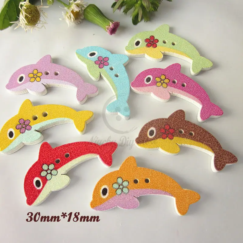 Decorative buttons 50pcs mixed colorful Dolphin fish buttons wood painting scrapbook buttons sewing craft accessories