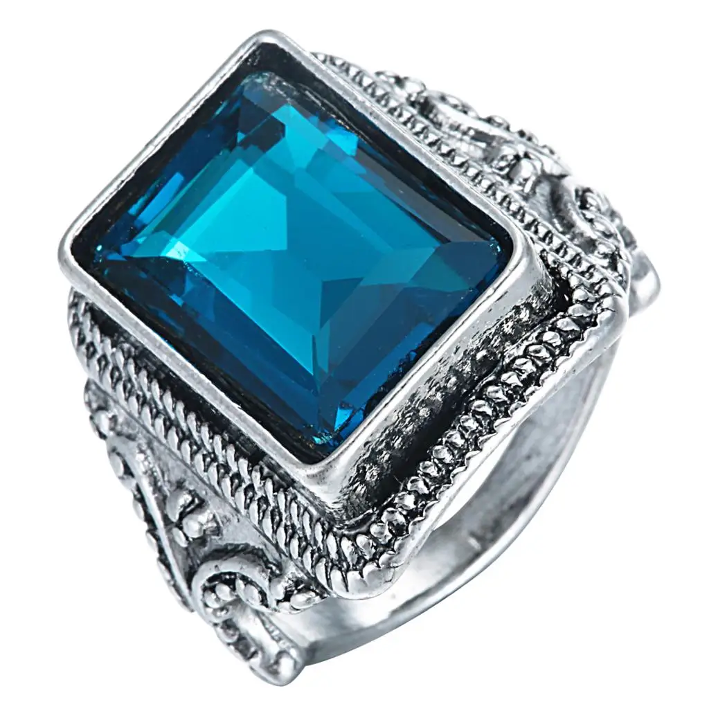 New Collection Anti silver color Brilliant blue large square crystal Ring Fine Jewelry Anillos Distribution size 6 7 8 9 10