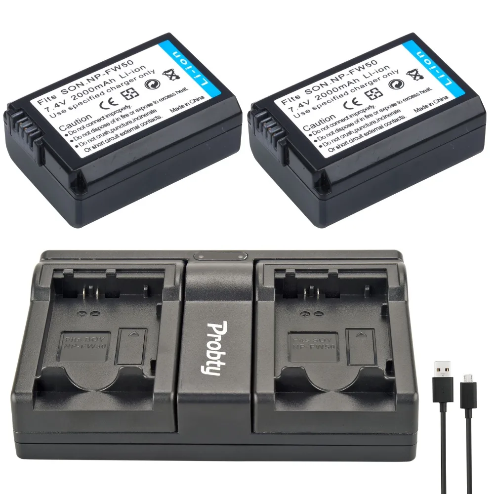 PROBTY 2pcs NP-FW50 NP FW50 Camera Battery + USB Dual Charger For SONY NEX 5T 5R 5TL 5N 5C 5CK  A7R A7 F3 3N 3CA55 A37 A5000